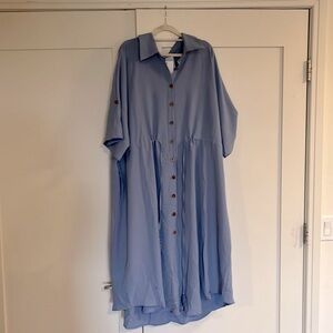 NWT -Solid Color Turn-Down Collar Front Button Casual Dress with cinched waist